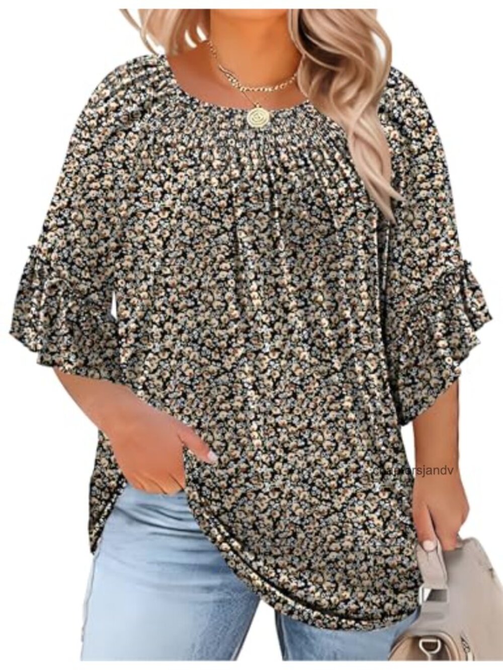 Plus Size Pleated Peasant Blouse 3/4 Ruffle Bell Sleeve Cotton Blend Top
